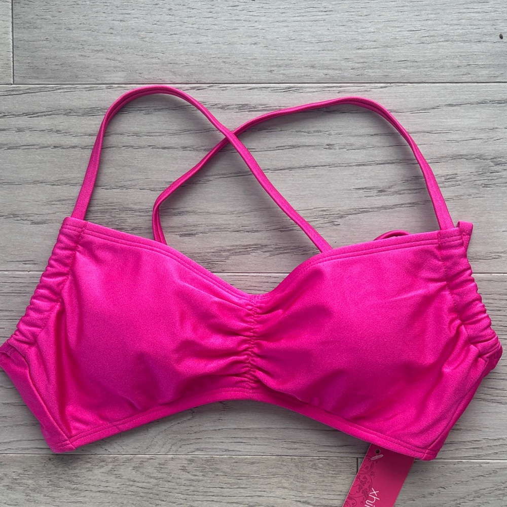 Xhilaration Shiny Pink Bikini Top Juniors Medium Tie-Crossback Bralette Swim New - Picture 3 of 7
